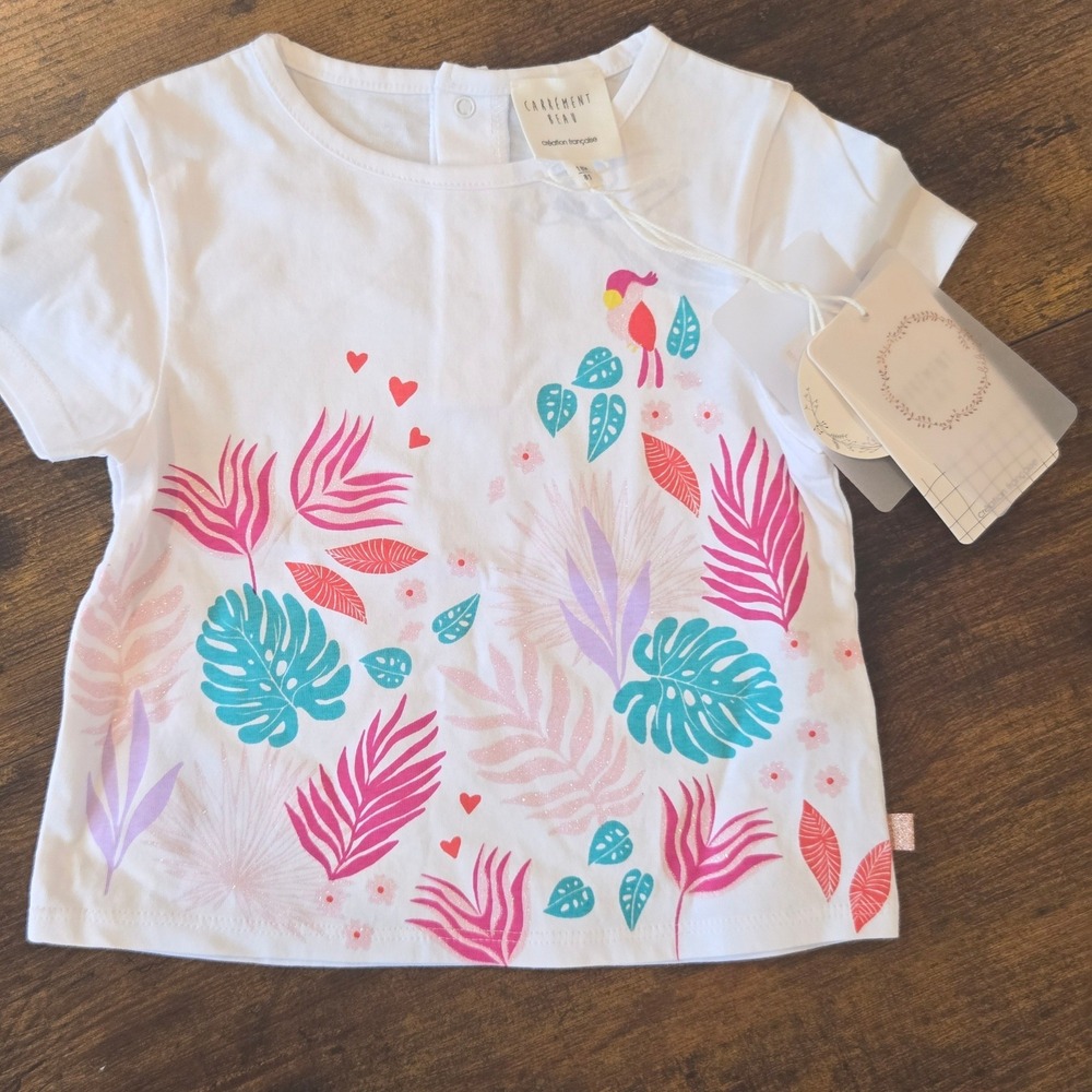 Carrement Beau White Tropical Palm Bird Glitter T-Shirt 18M Y05248/10P NWT